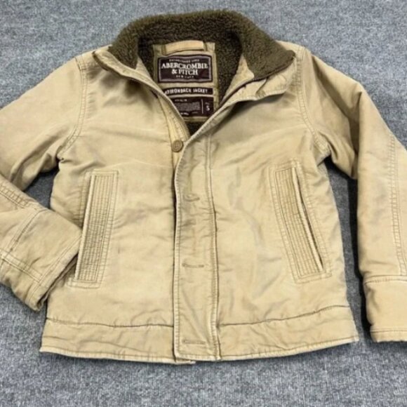 VTG Y2K Abercrombie & Fitch Khaki Tan Faux Fur Lined Adirondack Jacket Size S - Picture 1 of 7